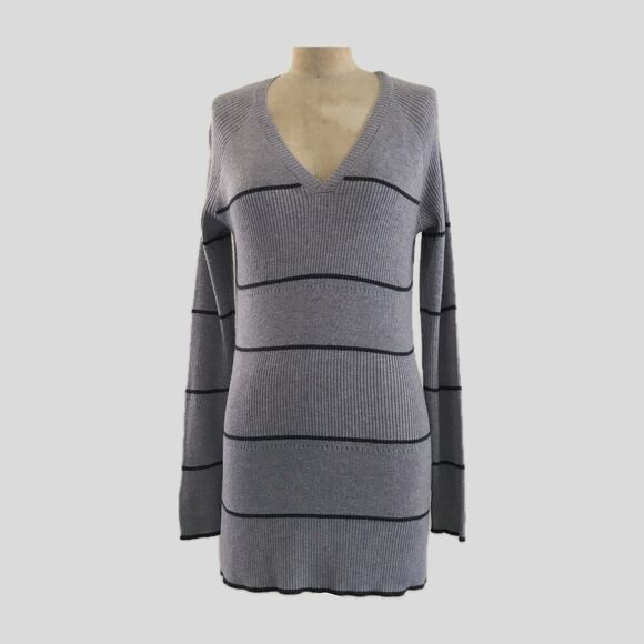 Smartwool Lilac Gray Striped V Neck Long Sleeve Stretch Knit Pullover Top - S - Picture 1 of 10